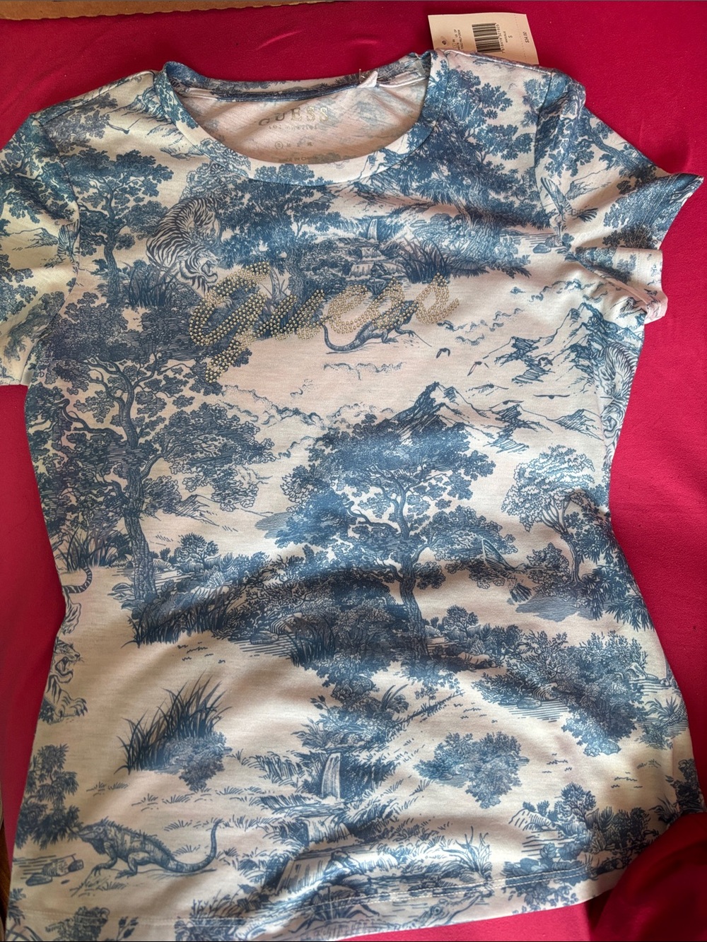 Guess Short Sleeve Tee in Blue and White Toile Scenic Print